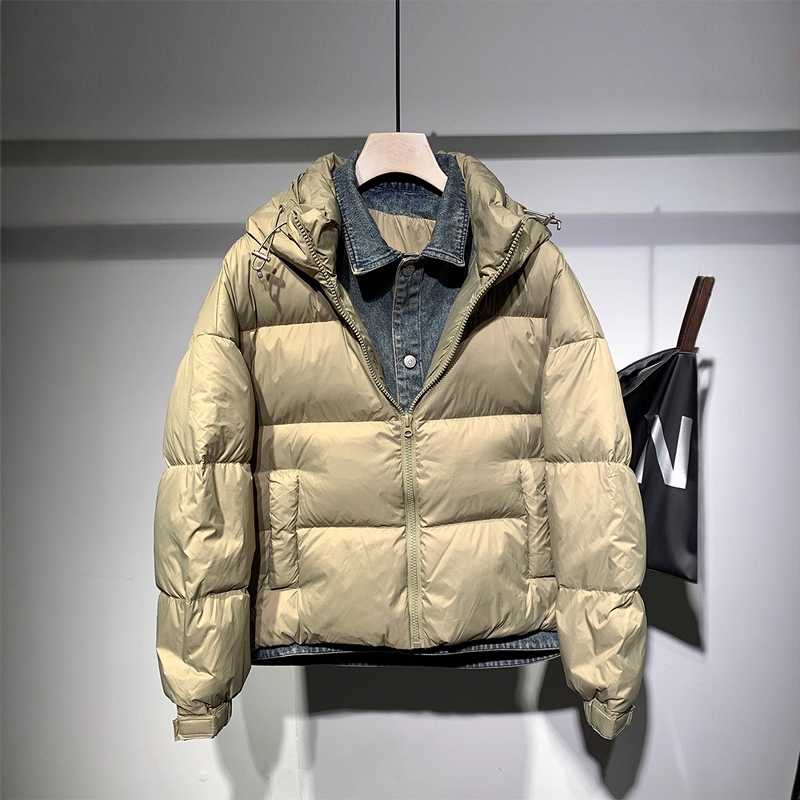 2025时尚潮牌个性牛仔拼色假两件羽绒服男冬季宽松休闲连帽外套男