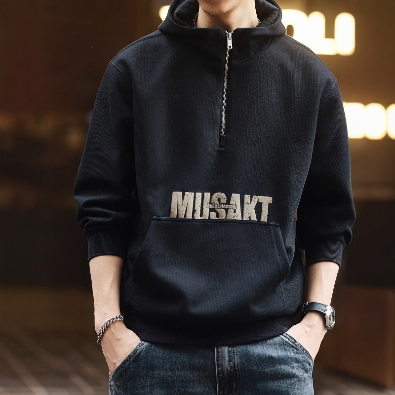 美式复古潮流新款连帽男士卫衣秋冬季2025加绒宽松半拉链休闲外套