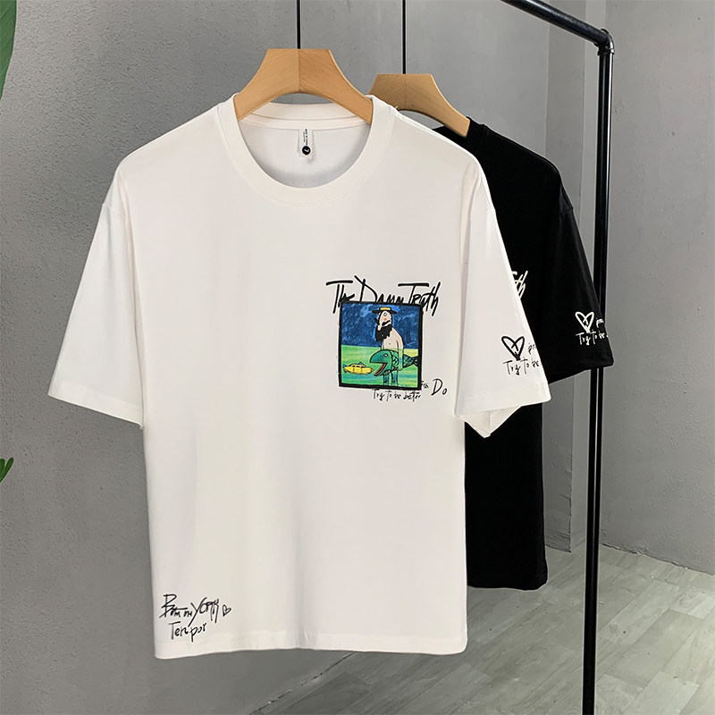 新款刺绣潮牌纯色时尚字母印花圆领T恤衫高级感夏季短袖打底衫男T