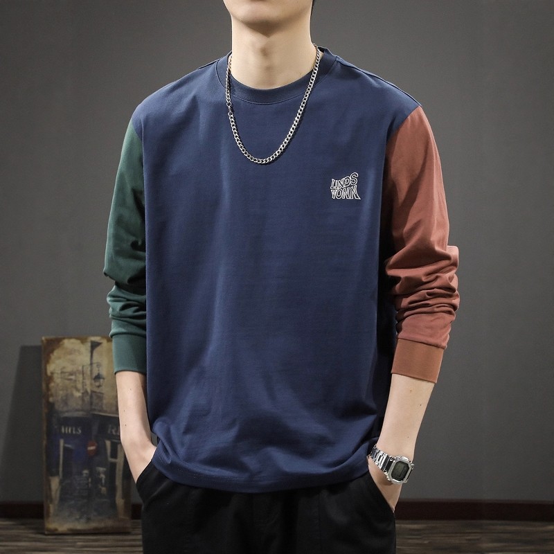 秋新款高街拼色男士长袖t恤2025美式潮牌宽松休闲纯棉上衣打底衫