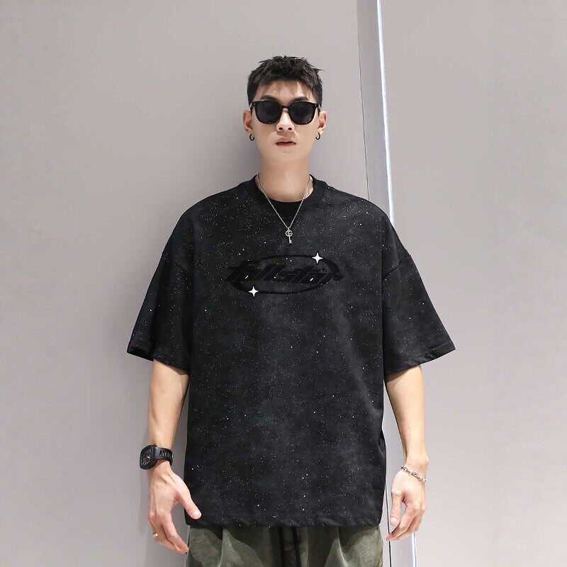满天星圆领短袖T恤男款纯棉美式潮牌黑色高级感休闲宽松大码体恤