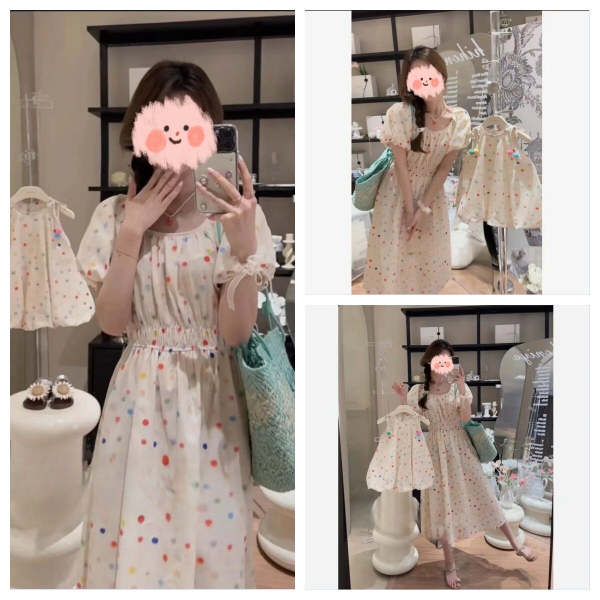 亲子装夏季女童法式彩色显瘦波点女童连衣裙母女装全家装a类爸爸
