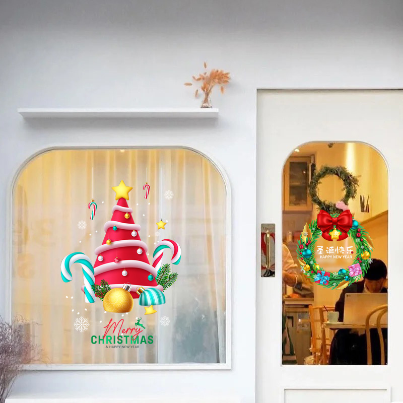 卡通圣诞树玻璃门防撞贴纸定制新年装饰橱窗氛围布置静电玻璃贴画图片