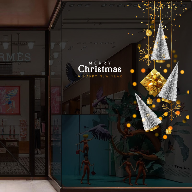 银色圣诞树橱窗装饰玻璃静电贴纸定制蛇年新年玻璃门防撞窗花贴画图片