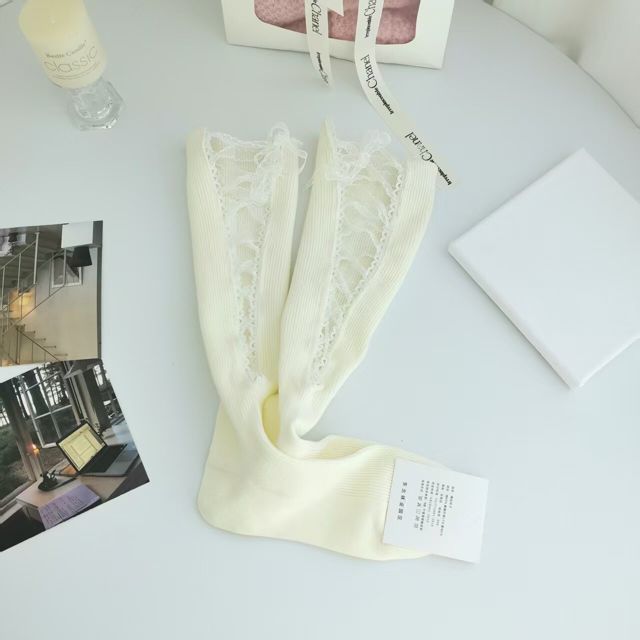 ins潮袜精品饰品袜新款蕾丝水钻轻奢潮袜女款蝴蝶结中筒袜子棉袜