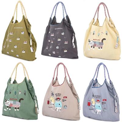 日本kusuguru重工刺绣猫咪单肩包手提包手拎包购物袋尼龙包219