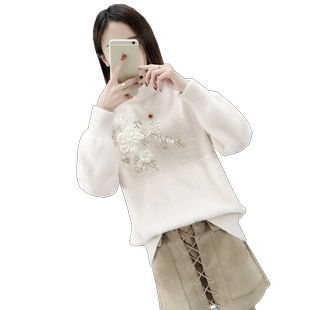 仿水貂绒ins超火毛衣女加厚2025新款套头秋冬装半高领宽松打底衫