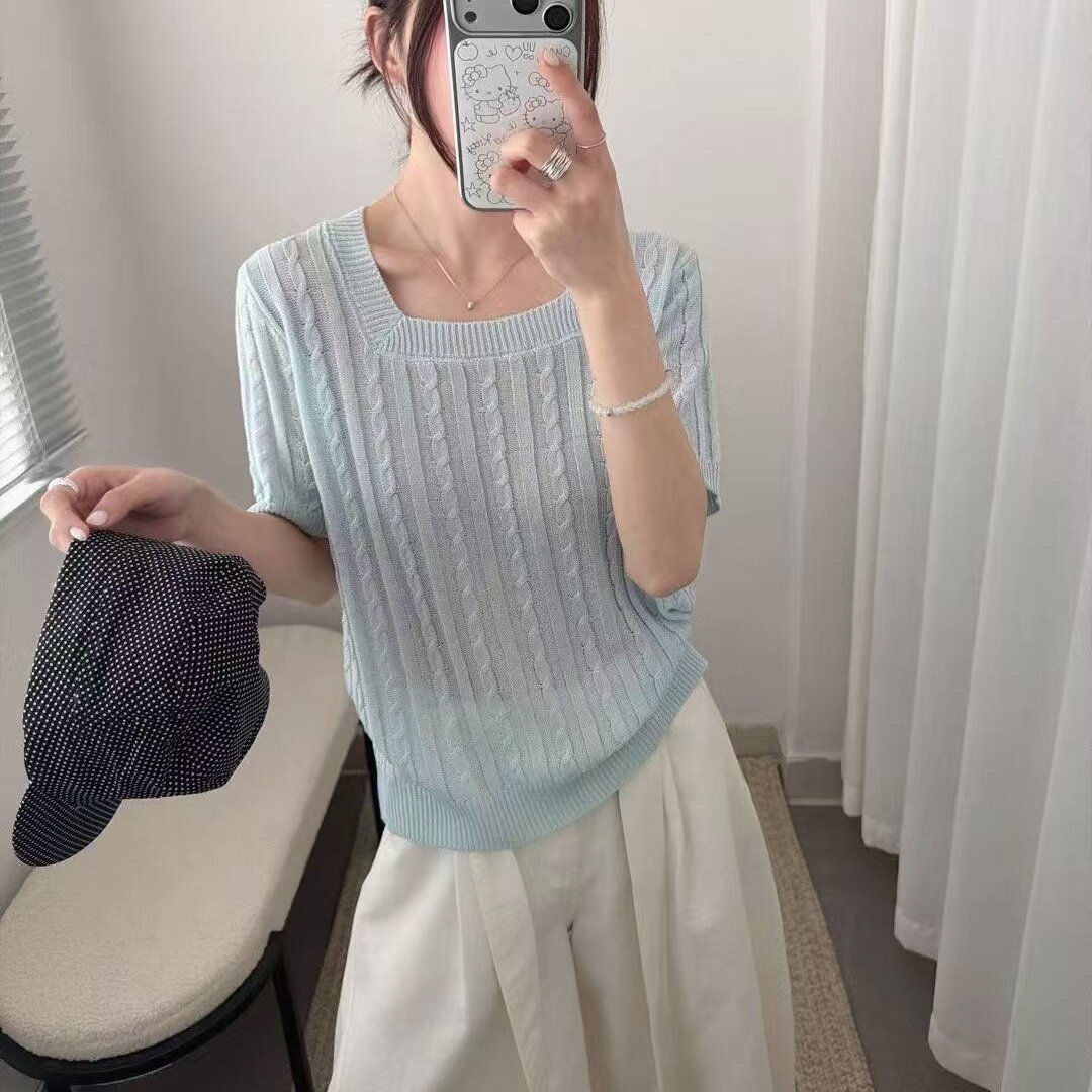韩版方领麻花纹糖果色冰丝针织短袖2026春季新款女减龄百搭薄上衣