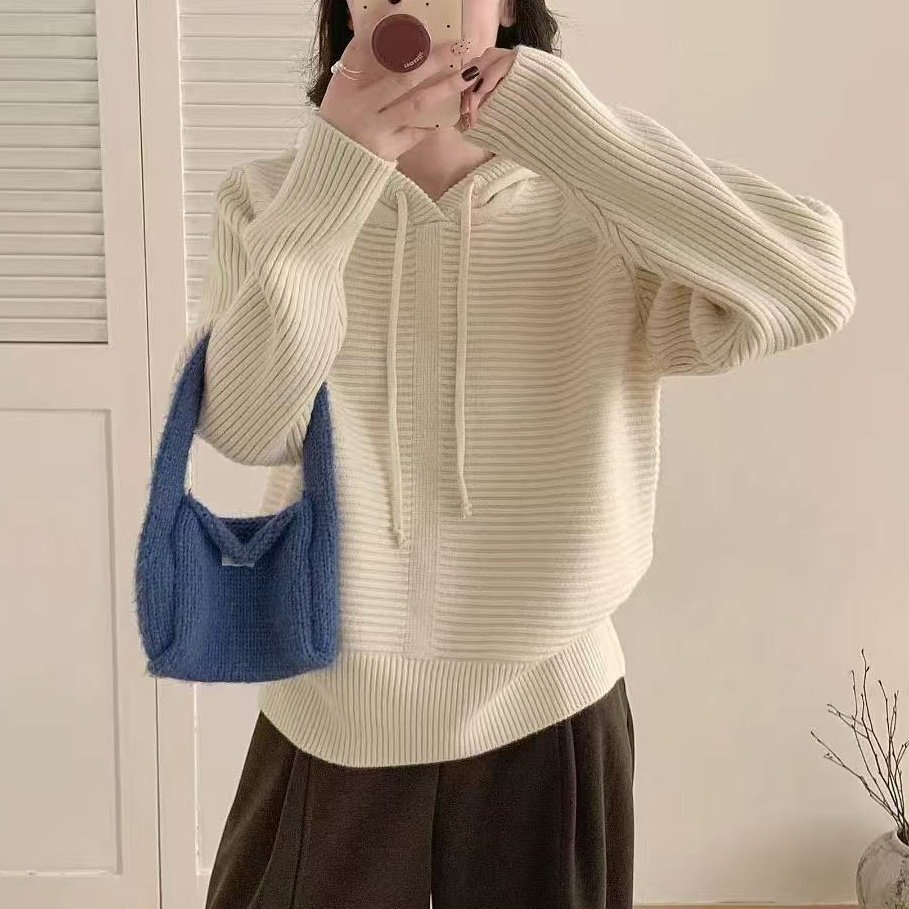 复古坑条连帽宽松针织衫女欧洲站2025冬装新款欧货女装打底毛衣潮,女装/女士精品,毛衣,淘宝优惠券,粉丝福利购,淘宝优惠卷