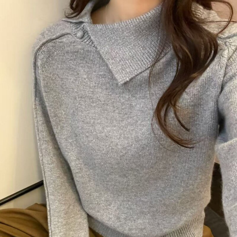 韩版侧开叉小翻领长袖针织衫女装