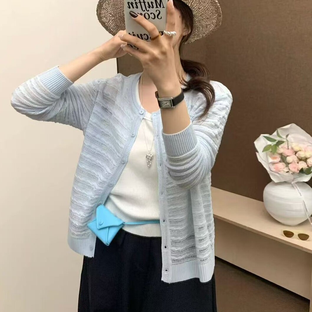温柔小清新镂空防晒针织开衫女2026春夏季新款韩版空调披肩薄外套