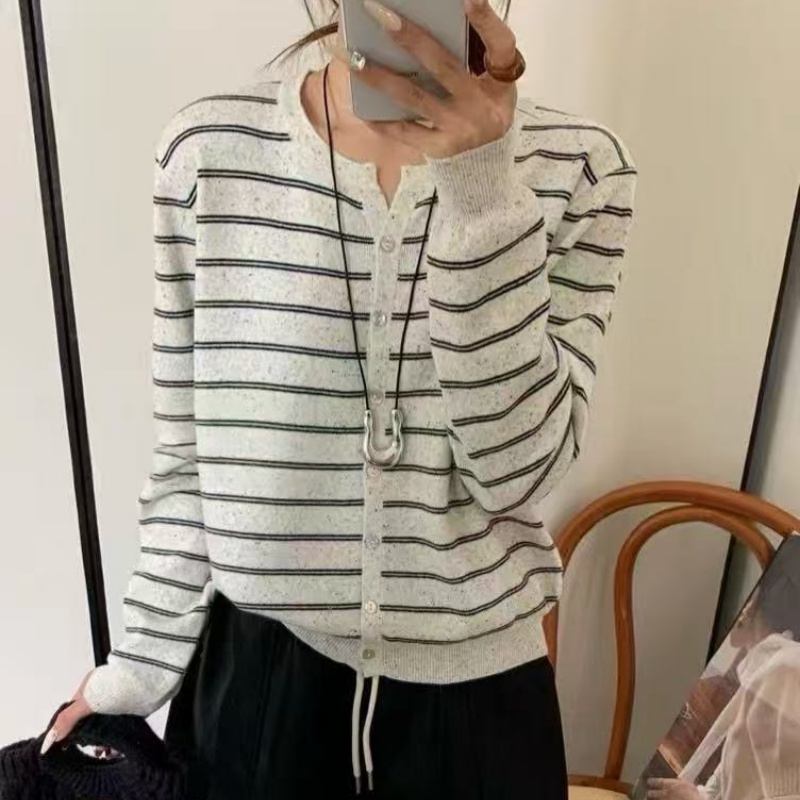 针织开衫女2025新款秋季圆领条纹