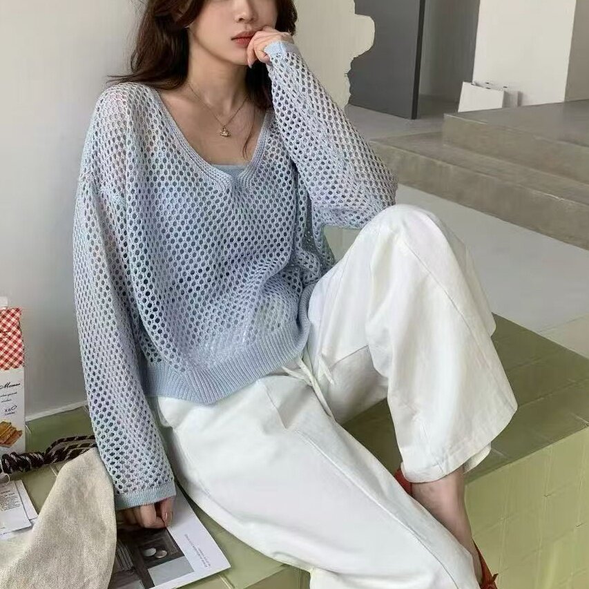 轻奢慵懒风薄款镂空针织衫女夏季防晒罩衫宽松套头两件套温柔上衣