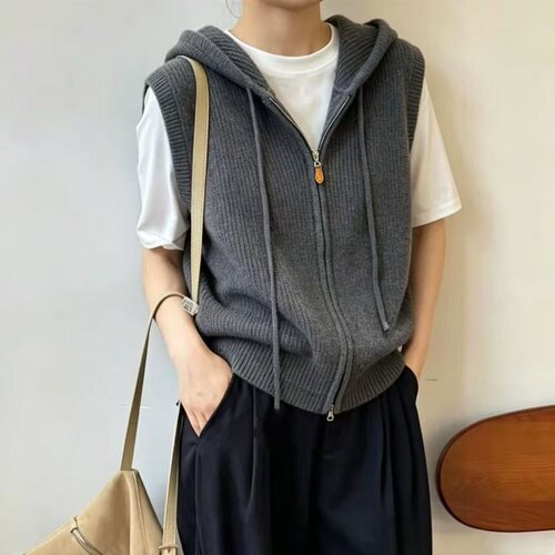 秋冬欧货连帽拉链针织马甲女2026季新款叠穿外搭宽松毛衣坎1008d