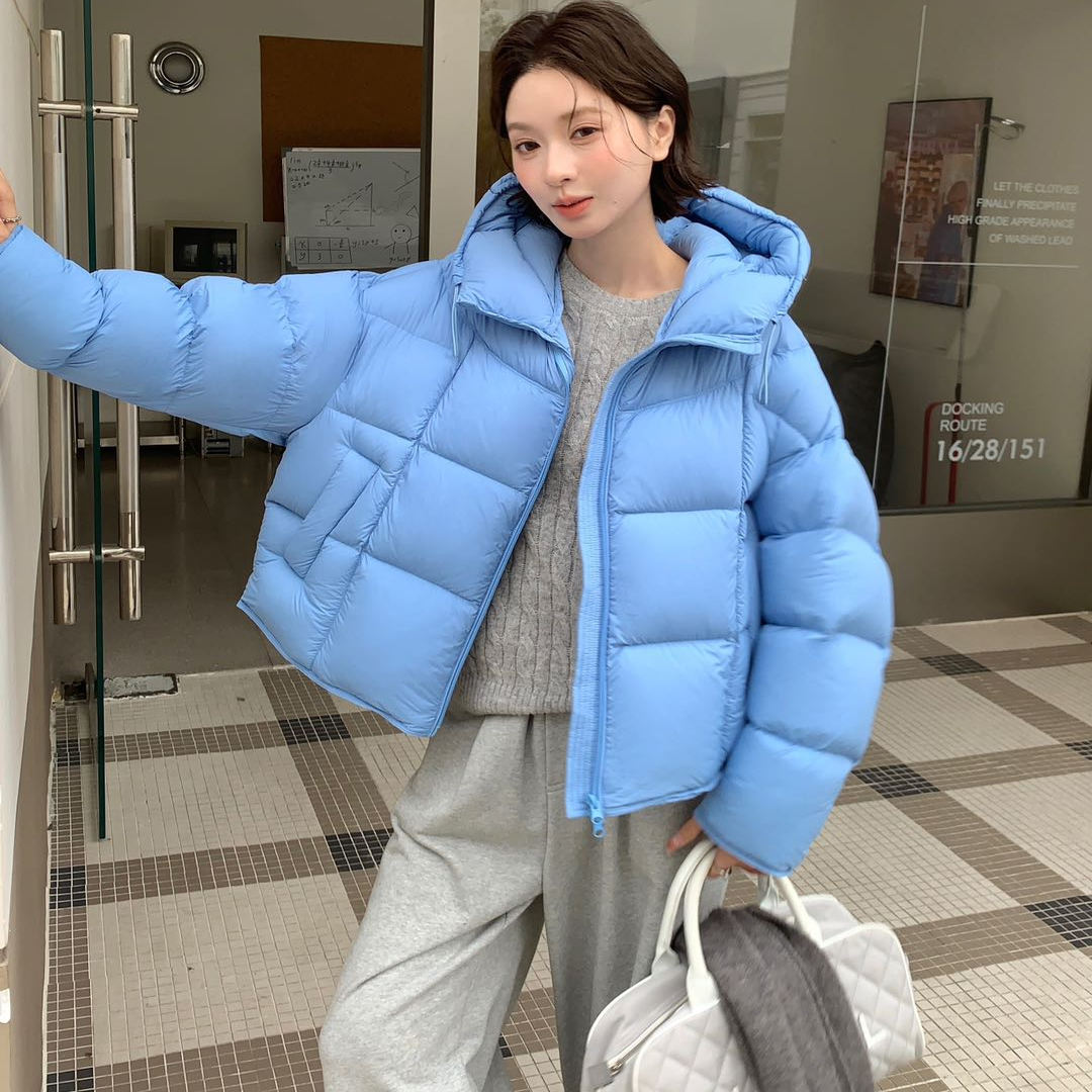冬季短款加厚泡芙蓝连帽羽绒服