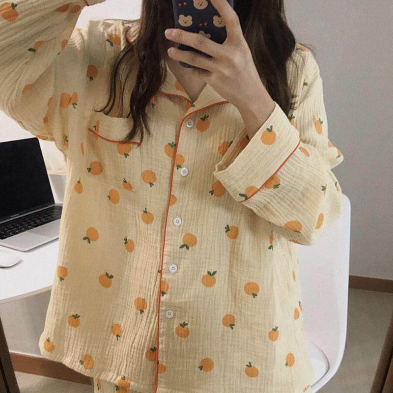 泡泡婴儿棉透气睡衣女家居服春夏秋学生韩版橘子印花可爱长袖长裤
