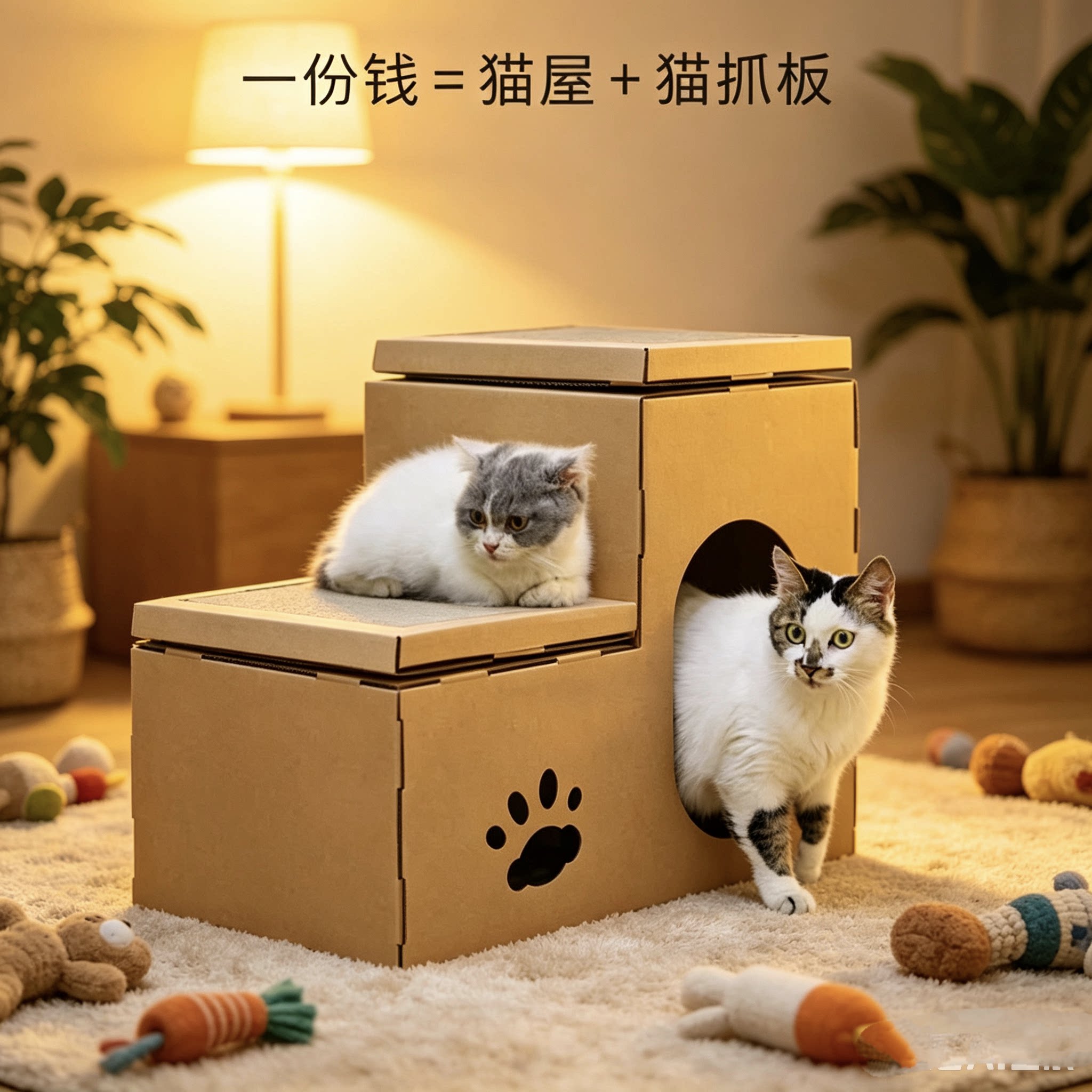 得酷猫抓板瓦楞纸猫屋双层猫房子猫窝四季通用豪华猫别墅磨爪神器