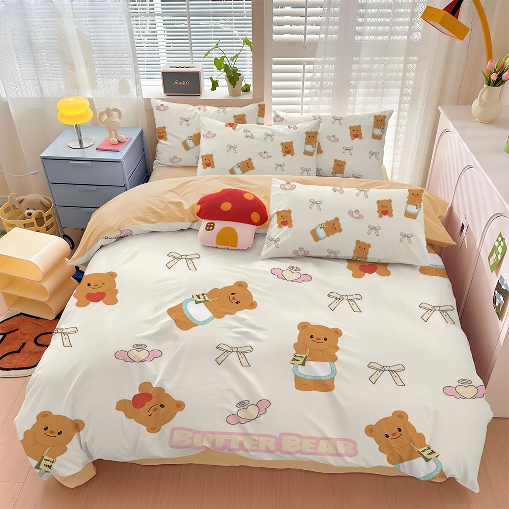 卡通黄油小熊可爱床笠款4件套1.5米单双人床品学生床单三件套0.9