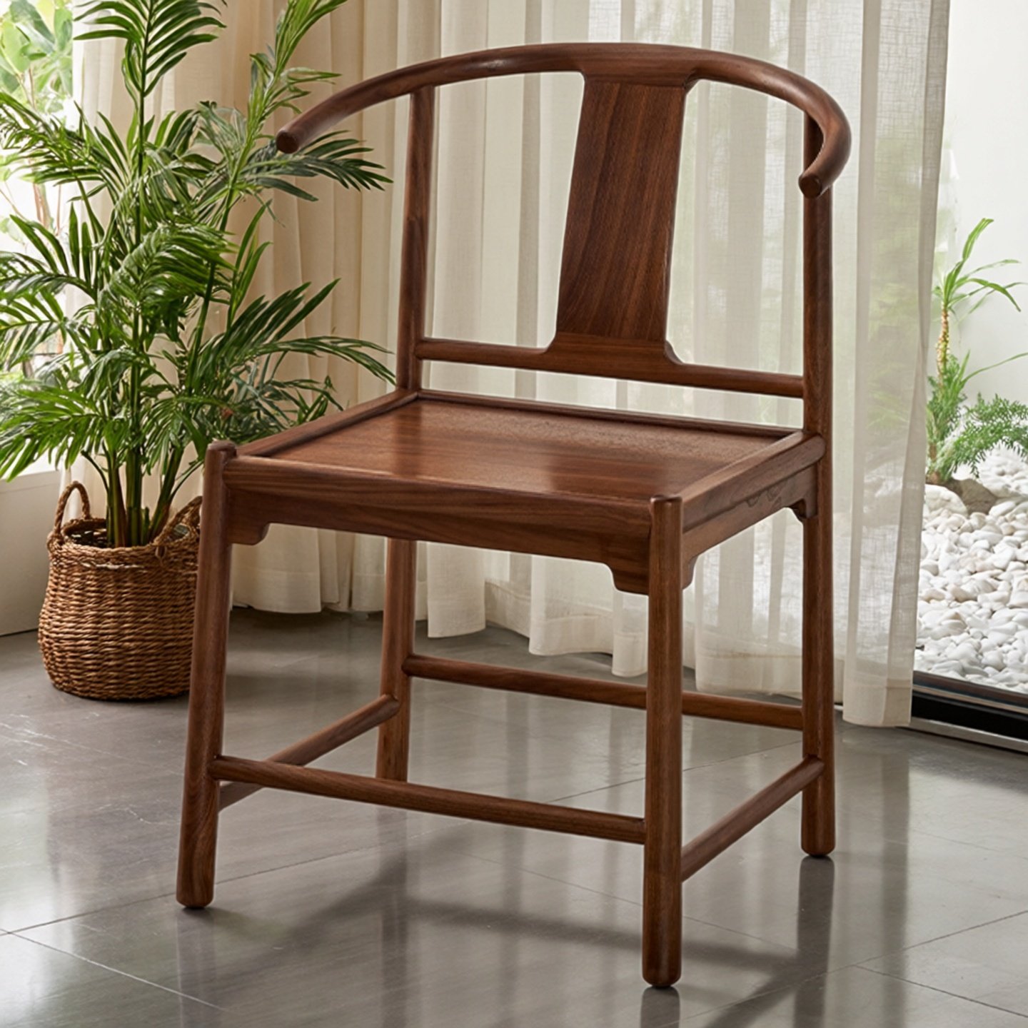 宋式黑胡桃木实木餐椅圈椅新中式牛角椅靠背木椅子简约化妆椅家用