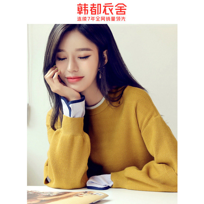 韩都衣舍2020秋装新款女装上衣宽松假两件毛衣针织衫ONH8107瑭