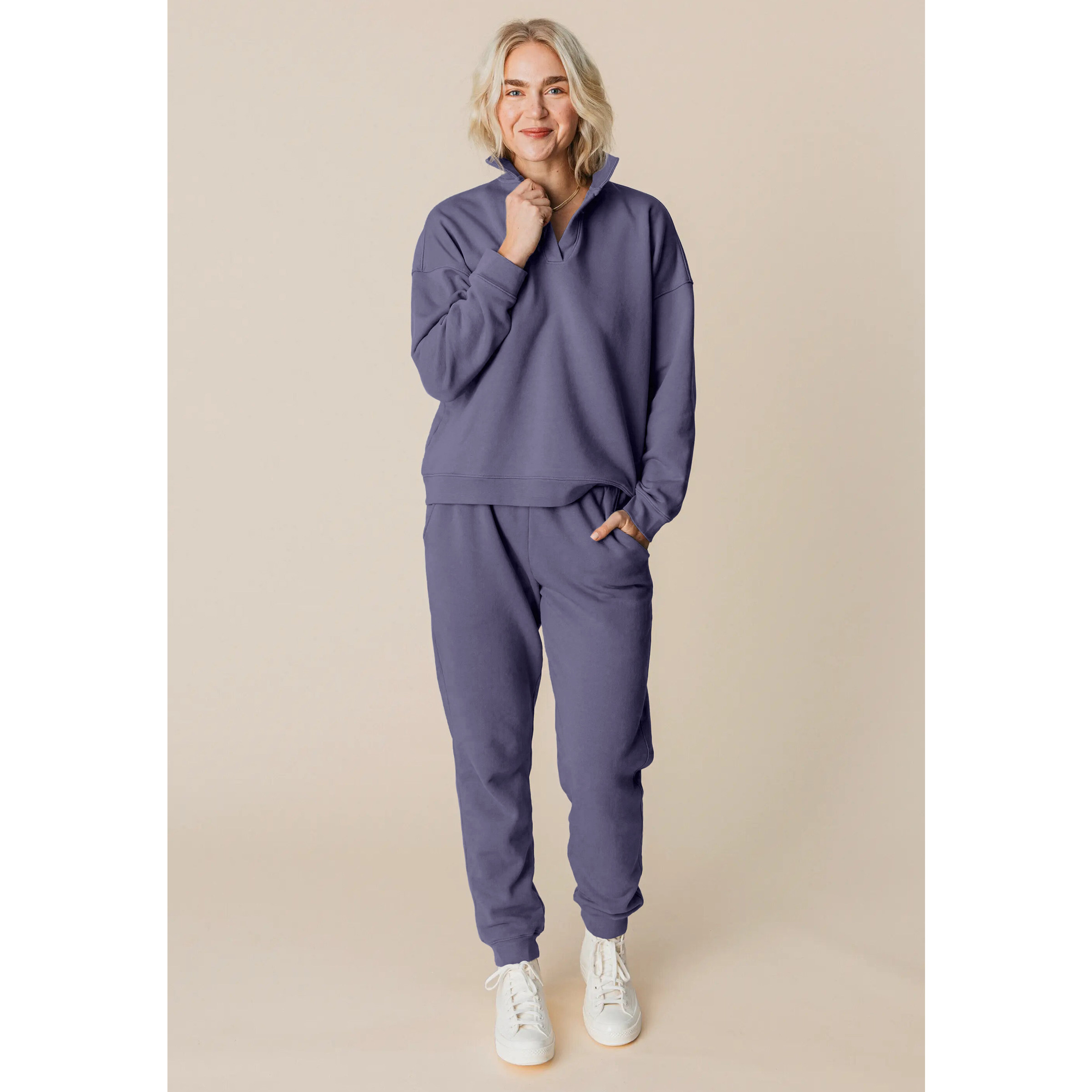 冬季女士加厚小脚卫裤带绒毛高腰松紧带口袋100%有机棉绒毛是全棉