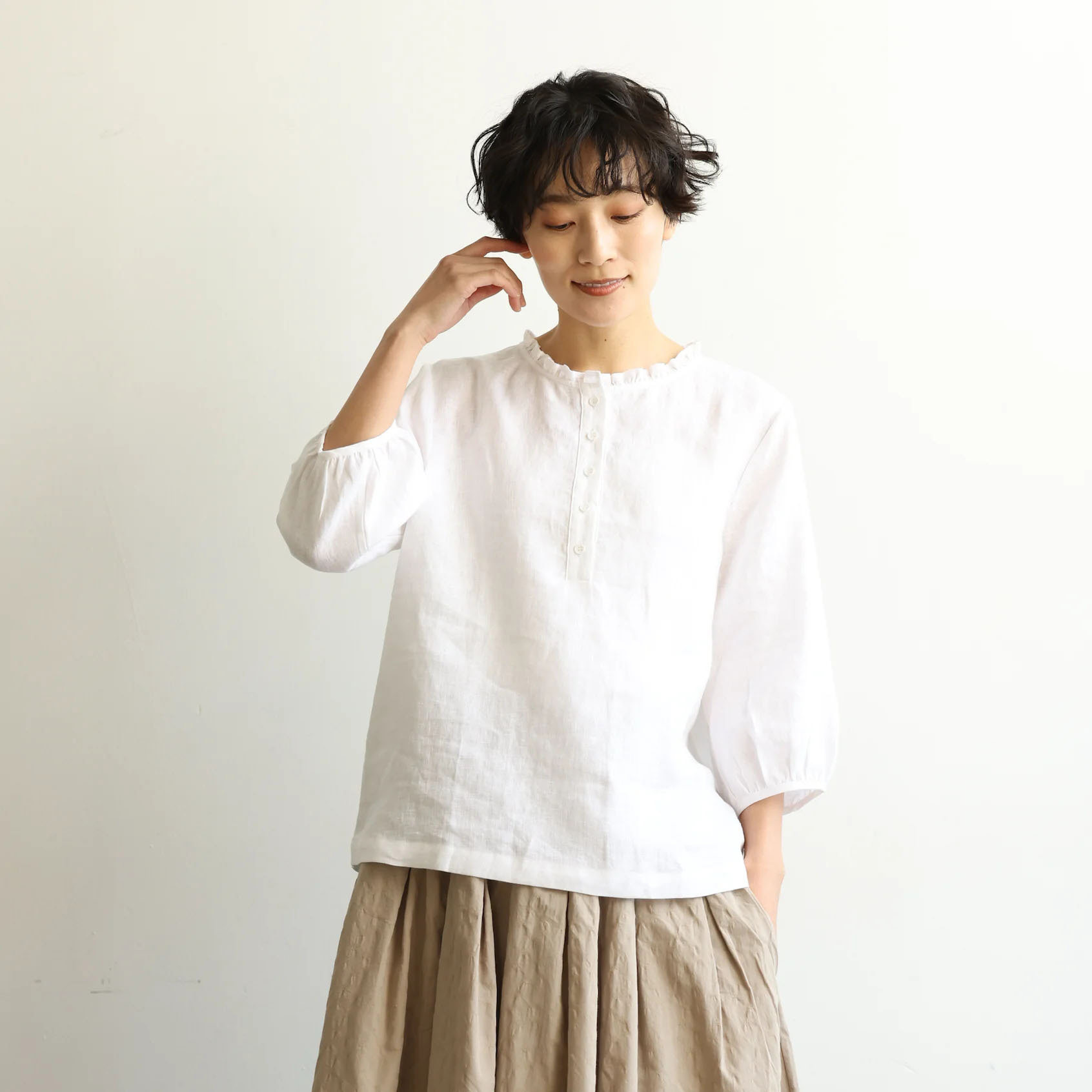 女士纯汉麻法式7分袖半开式衬衣