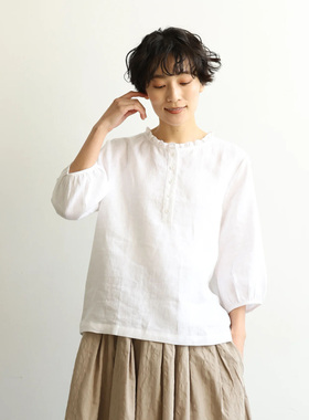 夏季女士纯汉麻衬衣半开式7分袖法式灯笼袖100%大麻透气抗菌宽松