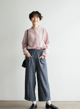 秋冬新女士加厚牛仔裤亚麻有机棉吸湿透气宽松9分裤松紧带前插袋