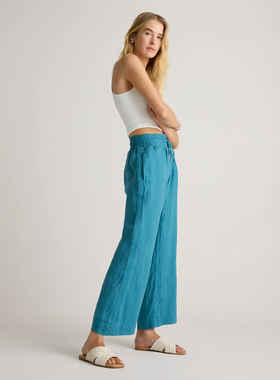 夏季新款女士亚麻直筒裤100%有机亚麻松紧带小直筒吸湿透气小宽松