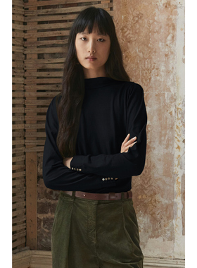 秋冬女士厚T恤法式高领长袖55%汉麻45%有机棉加厚保暖抗菌抗静电