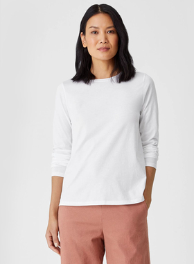 现货EF女士T恤针织有机棉长袖圆领弹力绒毛面舒绒棉打底外穿