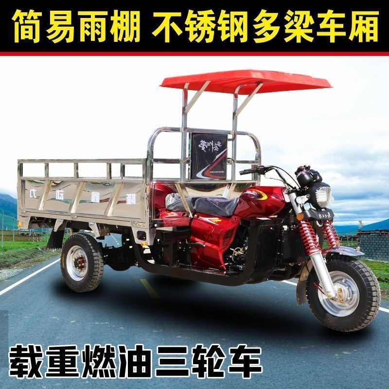 新款隆鑫动力不锈钢简易雨棚载重自卸翻斗燃油货运三轮摩托车