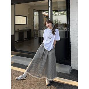 韩版 时尚 套装 女装 半身裙时尚 夏新款 T恤加格子中长款 大码 印花短袖