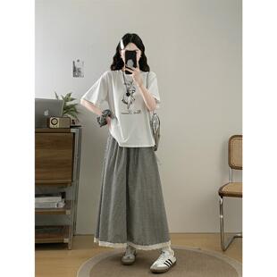 印花短袖 夏新时尚 T恤格子中长款 半身裙时尚 百搭显瘦 大码 套装 女装