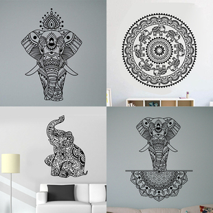 80款印度大象贴纸曼海蒂莲花墙贴画瑜伽馆墙面装饰泰国特色可移除