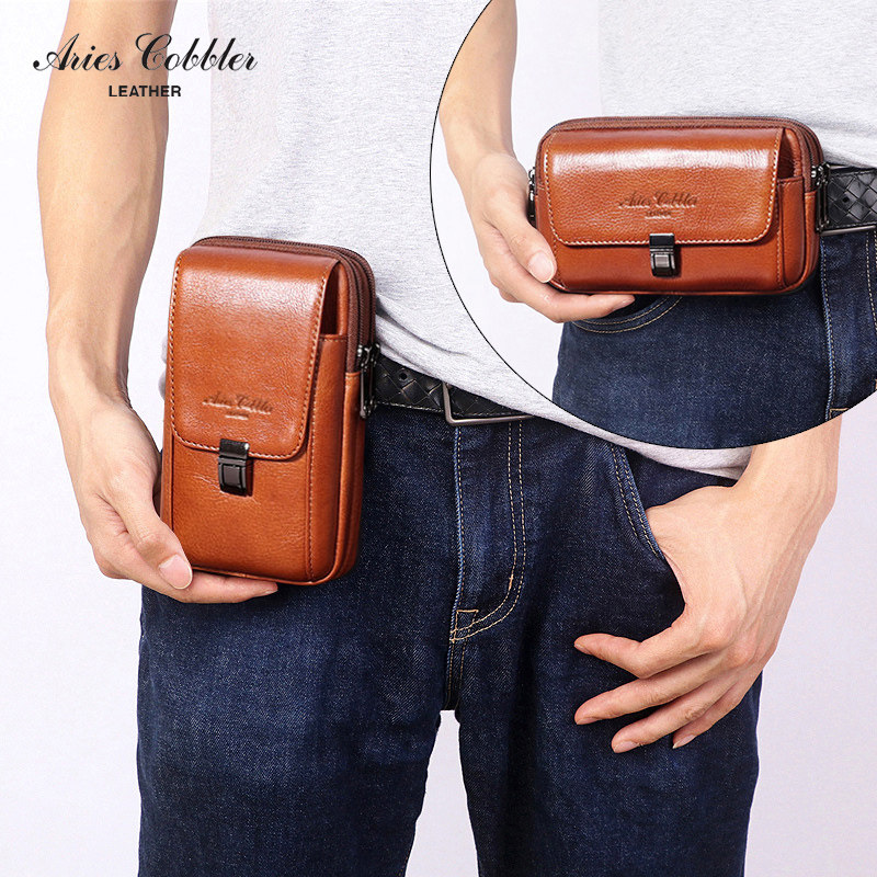头层牛皮穿皮带手机包腰包男士双层挂腰真皮工地干活老人竖款皮套