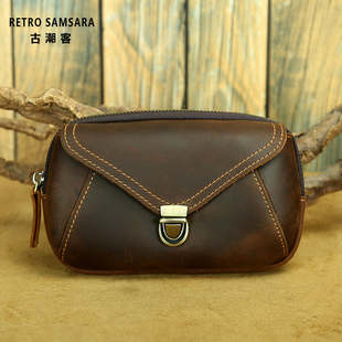 头层牛皮横版 双层真皮小斜挎包夏天 穿皮带工地干活手机包腰包男士