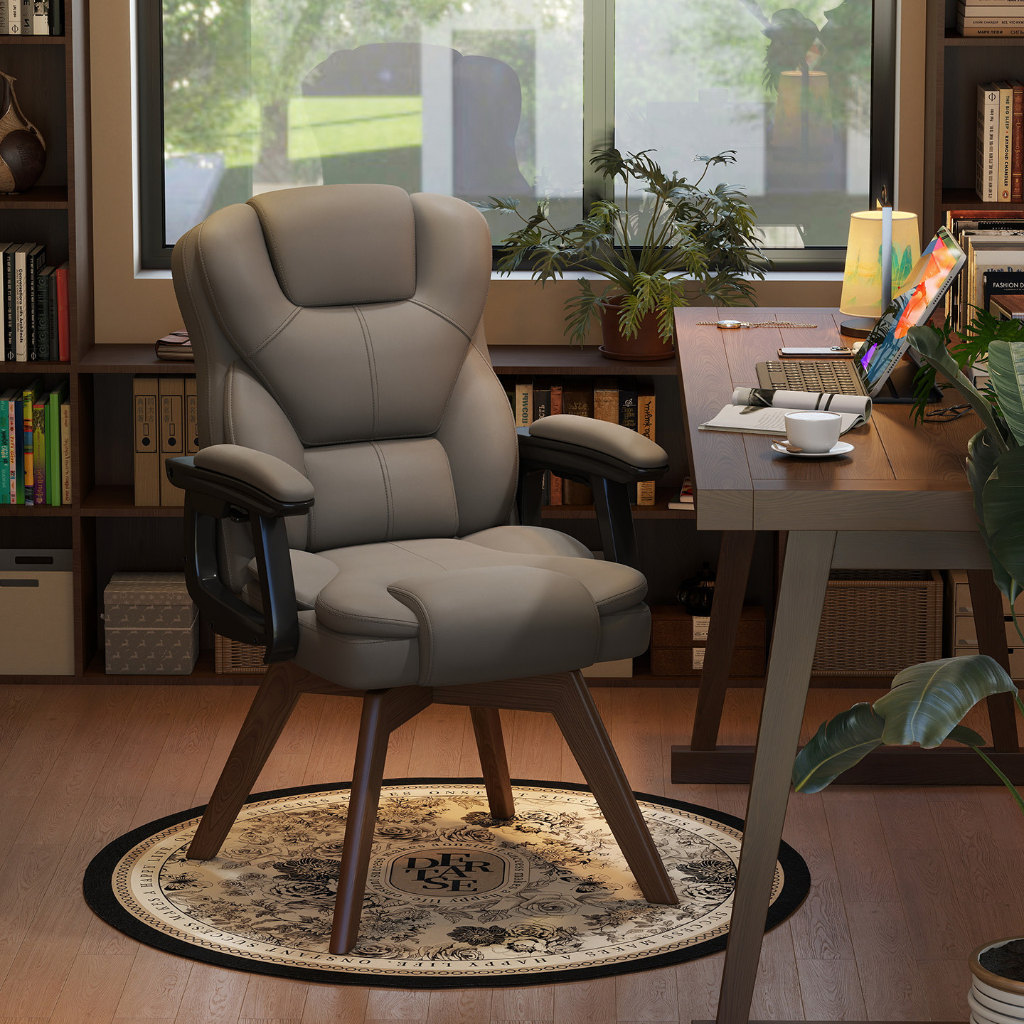 电脑椅舒适久坐家用书房书桌椅子办公室卧室椅实木腿可旋转靠背椅