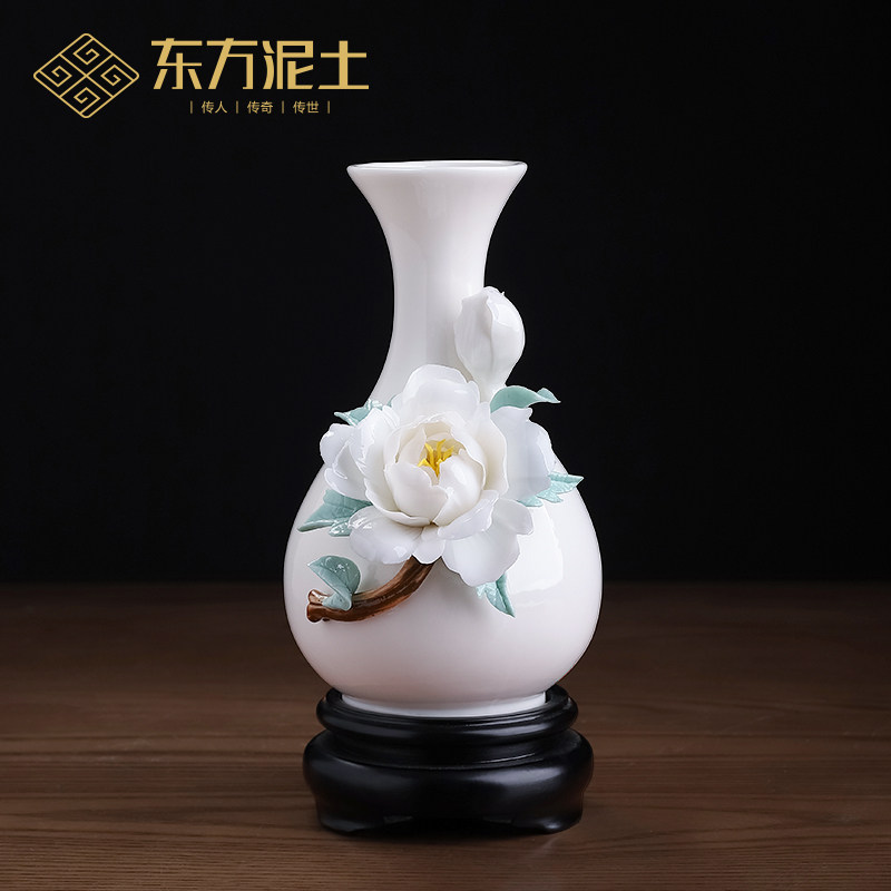 东方泥土新中式手捏陶瓷牡丹花瓶插花摆件居家客厅办公室桌面装饰