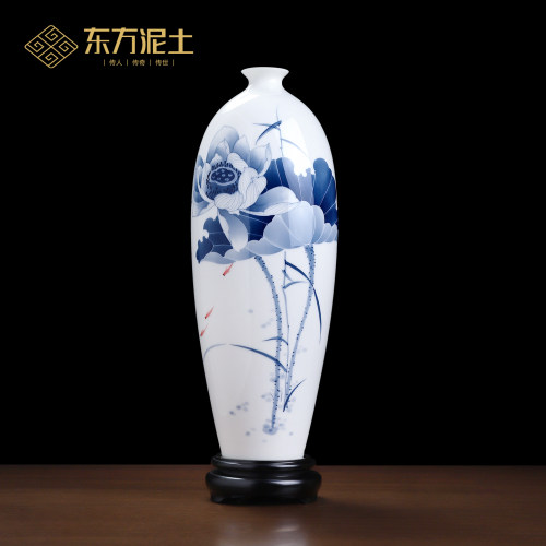 东方泥土手绘荷花陶瓷花瓶摆件