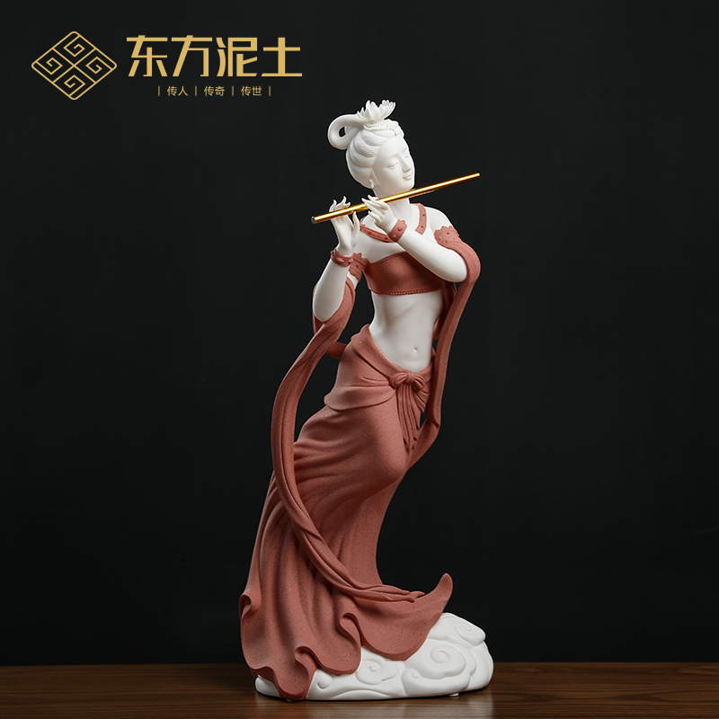 东方泥土敦煌舞女飞天雕塑艺术品 德化白瓷仕女中式陶瓷工艺摆件
