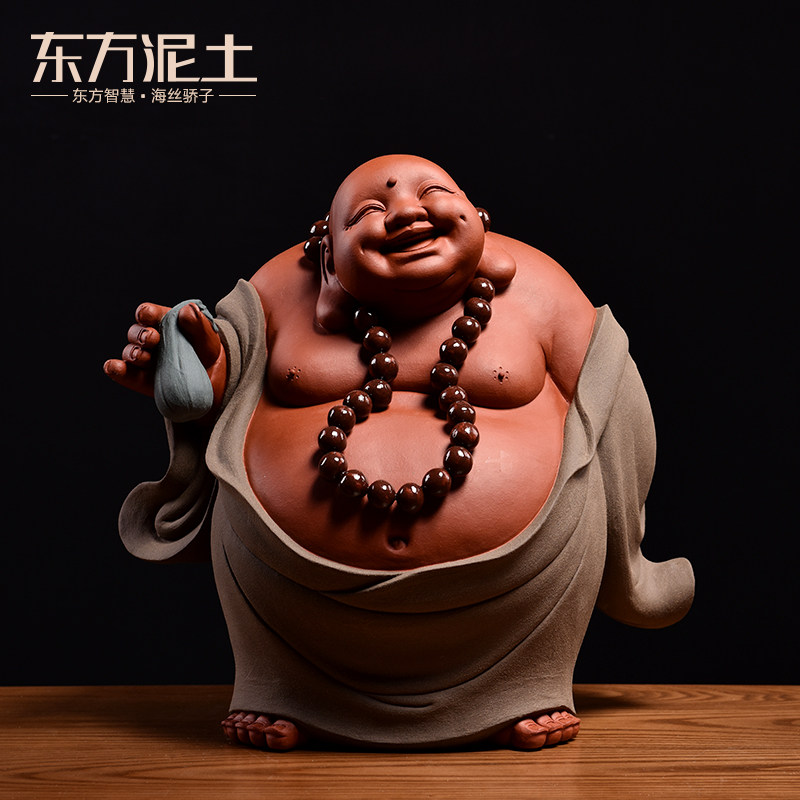 东方泥土《知足常乐》省大师张明贵雕塑作品陶瓷弥勒摆件客厅装饰