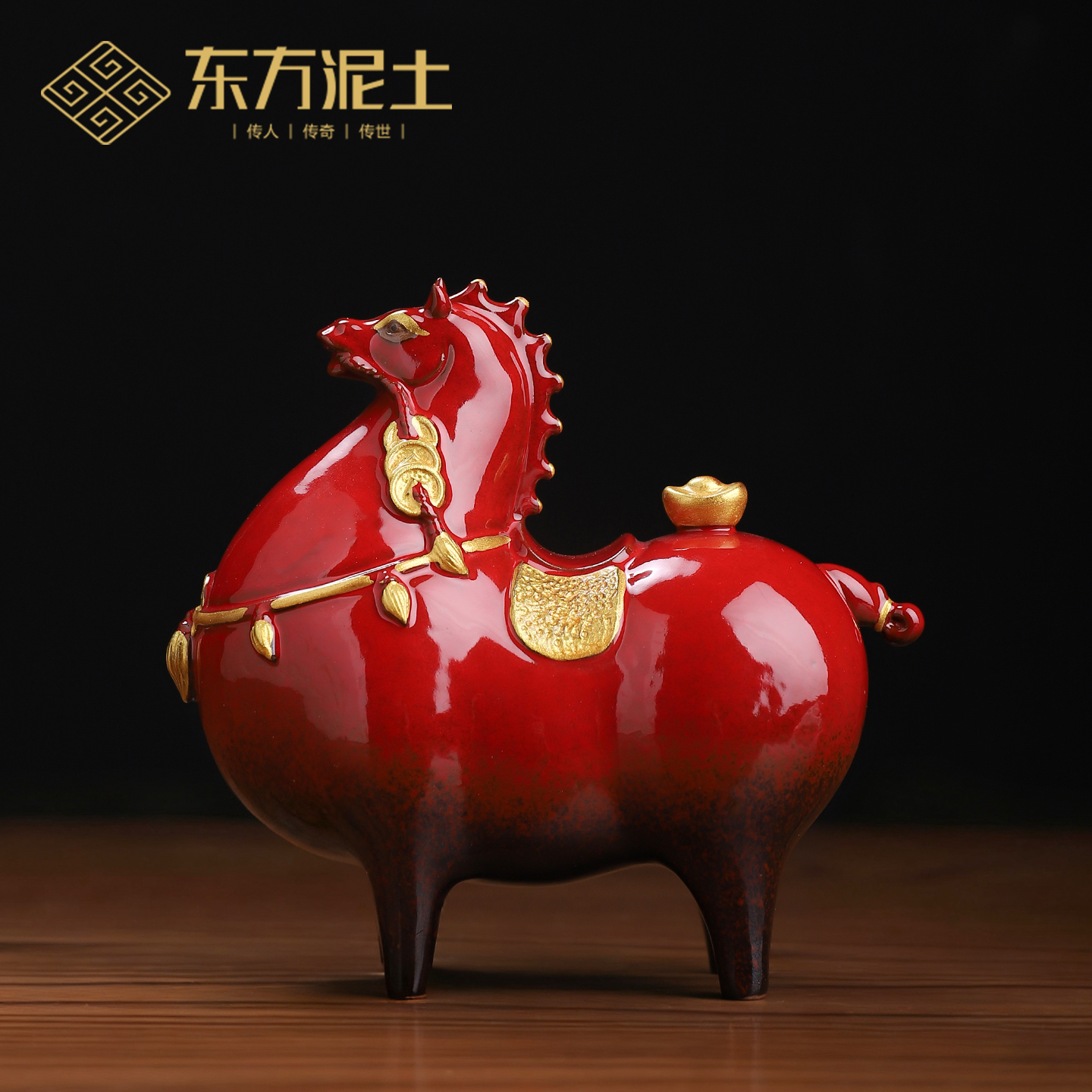 马上有钱创意陶瓷红色马摆件