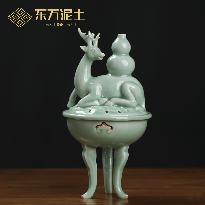 东方泥土《一路有福》 青釉陶瓷熏香盘香炉 陶瓷名家李锦峰作品