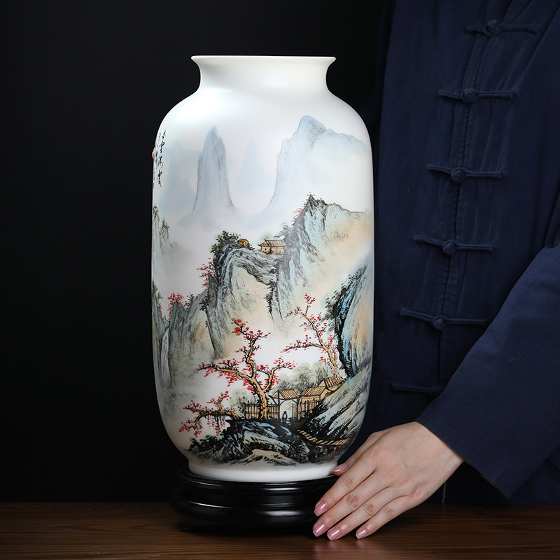 东方泥土陶瓷大号手绘山水花瓶摆件实木家居家具博古架玄关装饰品