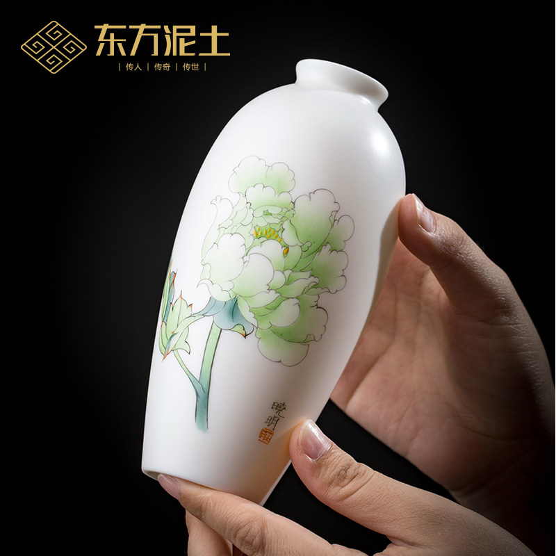 东方泥土《玉笑珠香》庄晓明大师手绘中式陶瓷小花瓶客厅装饰摆件