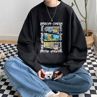 春季港风圆领卫衣宽松不带帽男青少年初中学生潮牌上衣服春秋薄款