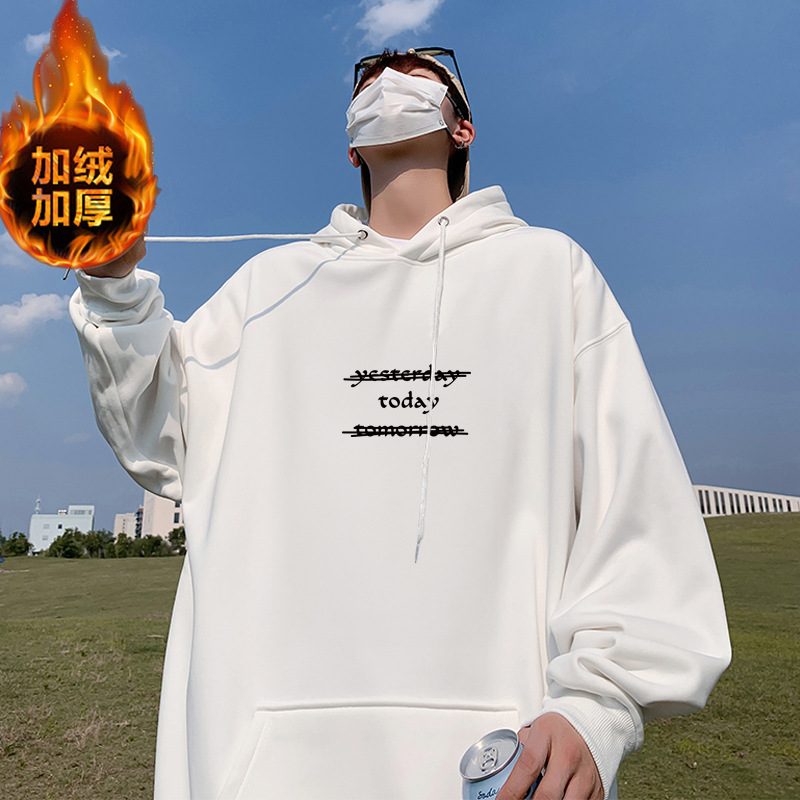 冬季男士加绒卫衣外套纯棉连帽衫青少年带帽休闲运动上衣服秋冬款