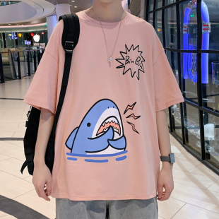 夏季大码青少年男生粉色短袖t恤男潮牌潮流初中高中学生上衣纯棉