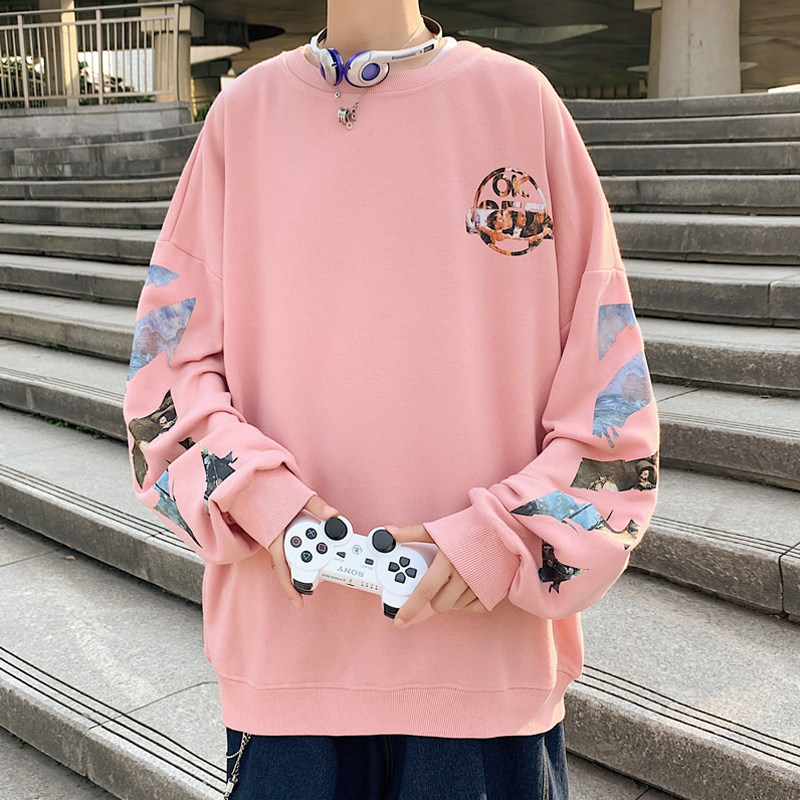 春秋季粉色卫衣不带帽男oversize男生ins潮无帽高中生上衣服薄款